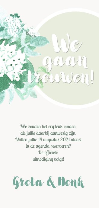 Save The Date kaart met waterverf bloemen in pastel kleuren Achterkant
