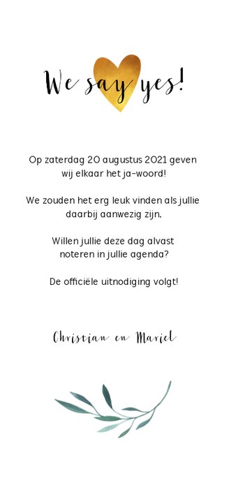 Save the date kalender kaart met waterverf en blaadjes Achterkant