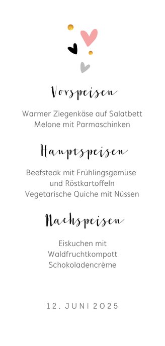 Schlichte Menükarte zur Taufe mit Herzen Rückseite
