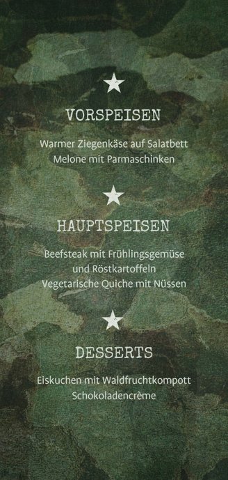 Speisekarte zur Konfirmation Militarylook grün Rückseite