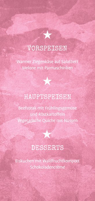 Speisekarte zur Konfirmation Militarylook rosa Rückseite