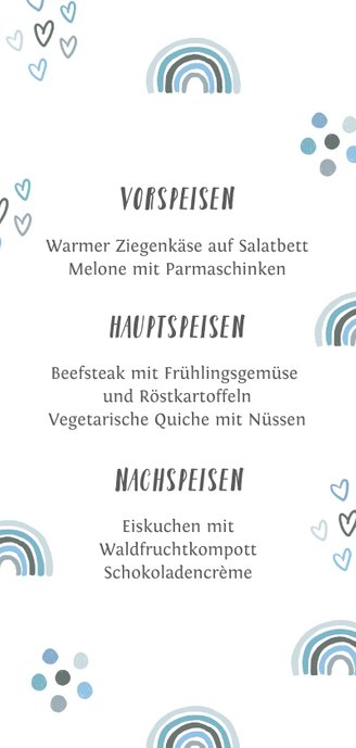 Speisekarte zur Taufe blauer Regenbogen Rückseite