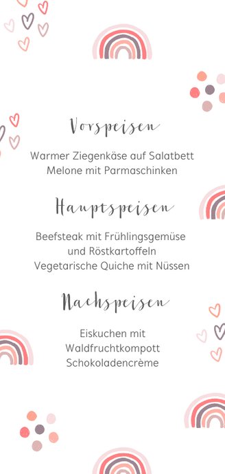 Speisekarte zur Taufe rosa Regenbogen Rückseite