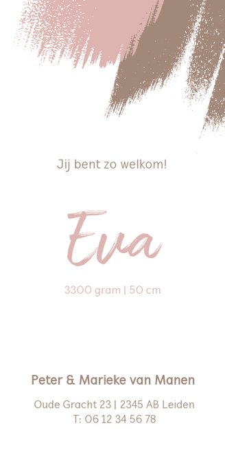 Staand geboortekaartje met roze en bruine brushes Achterkant
