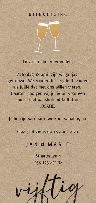 Stijlvolle jubileum uitnodiging 50 jaar en champagne Achterkant