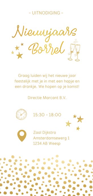 Stijlvolle langwerpige nieuwjaarsborrel uitnodiging met goud Achterkant