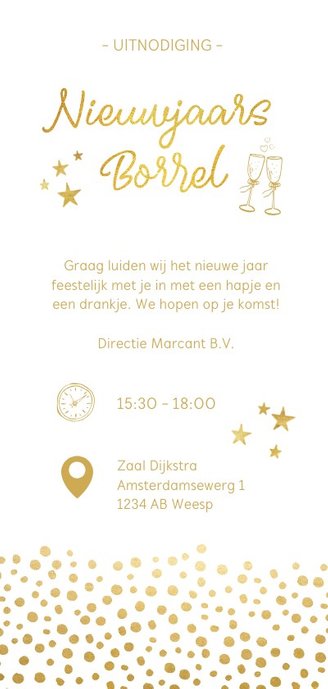 Stijlvolle langwerpige nieuwjaarsborrel uitnodiging met goud Achterkant