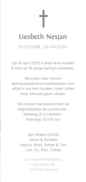 Stijlvolle langwerpige rouwkaart met grote foto 3