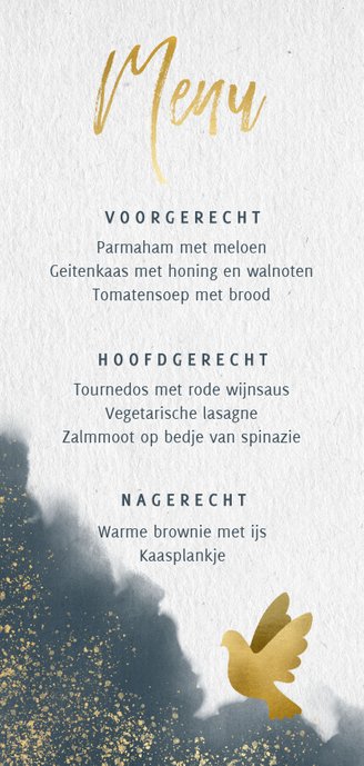 Stijlvolle menukaart met blauwe waterverf en gouden duiven Achterkant