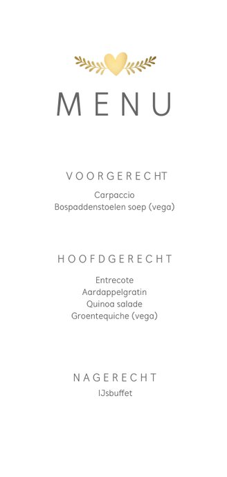 Stijlvolle menukaart voor een huwelijk met gouden duifjes 3