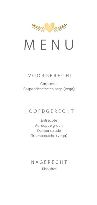 Stijlvolle menukaart voor een huwelijk met gouden duifjes 3
