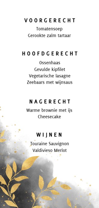 Stijlvolle menukaart waterverf, gouden takjes en spetters Achterkant