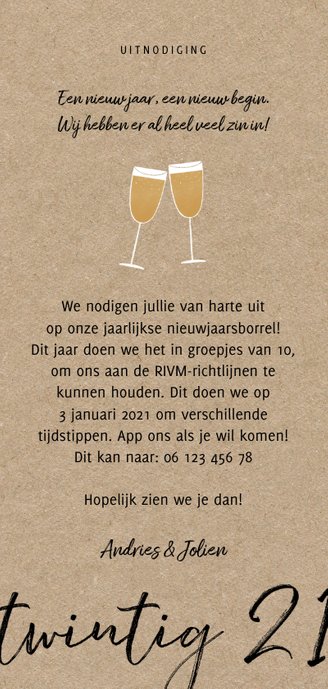 Stijlvolle nieuwjaarsborrel twintig21 uitnodiging Achterkant