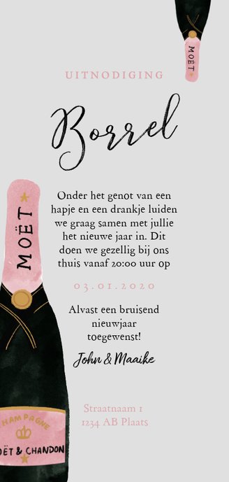 Stijlvolle nieuwjaarsborrel uitnodiging champagne Achterkant