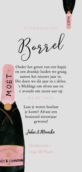 Stijlvolle nieuwjaarsborrel uitnodiging champagne Achterkant