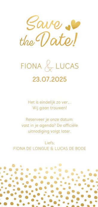 Stijlvolle save the Date kaart met gouden stippen en hartjes Achterkant