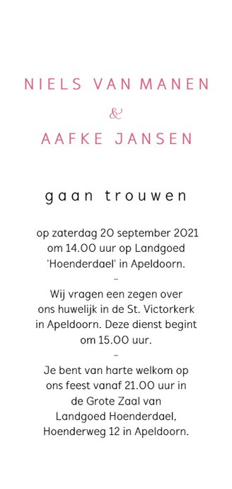 Stijlvolle trouwkaart met roze pioenroos 3