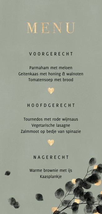 Stijlvolle zwarte eucalyptus menukaart en gouden bladeren Achterkant