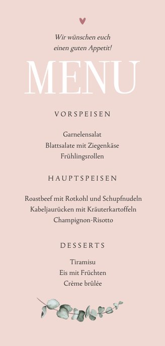 Stilvolle Menükarte Hochzeit Trockenblumen und Herzchen Rückseite