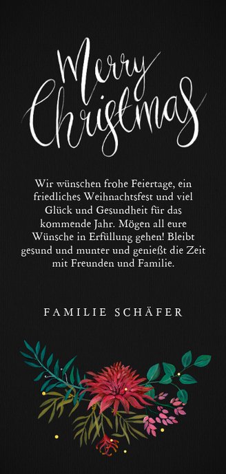 Stilvolle Weihnachtskarte mit Blumen und Kalligraphie Rückseite