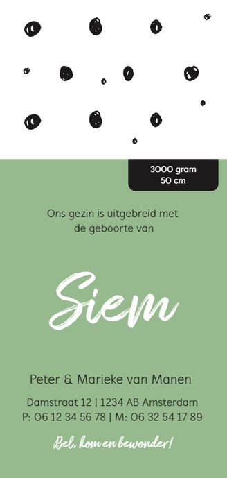 Stoer geboortekaartje zwart witte stippen Achterkant