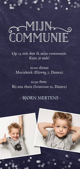 Stoere langwerpige communie uitnodiging voor een jongen Achterkant