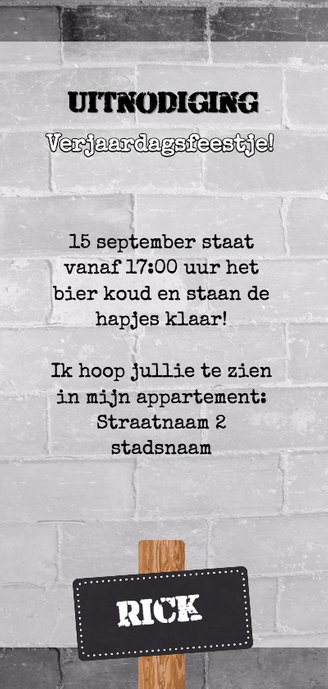 Stoere uitnodiging muur met borden Achterkant