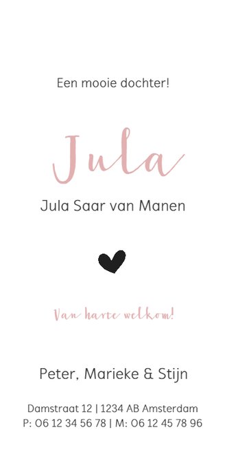 Strak roze geboortekaartje met een wit hartje Achterkant