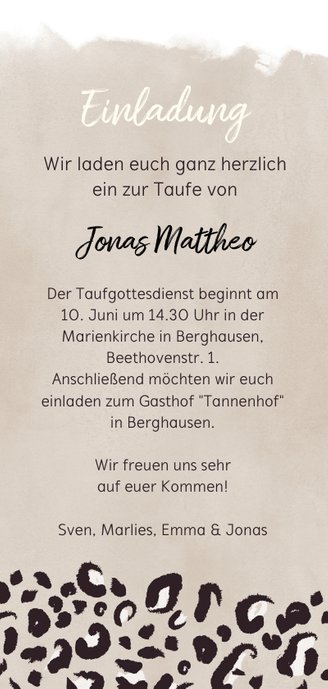 Taufeinladung eigenes Foto Leopardenprint sand Rückseite