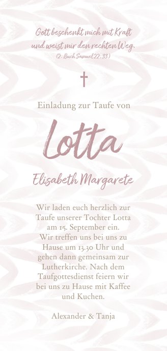 Taufeinladung Foto an Schnur rosa Muster Rückseite
