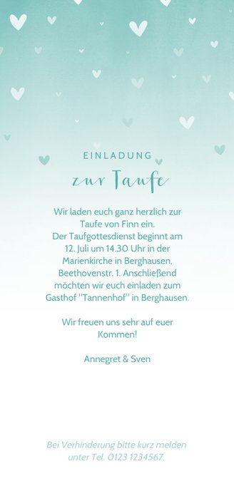 Taufeinladung Foto blau zuckersüße Herzen Rückseite