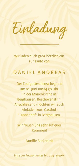 Taufeinladung gelb botanischer Look mit Foto Rückseite