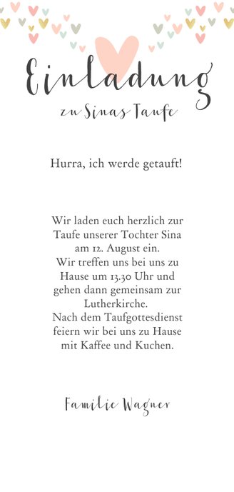 Taufeinladung mit Foto und kleinen Herzen Rückseite