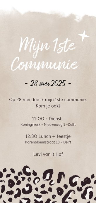 Trendy communiekaart jongen met luipaard print Achterkant