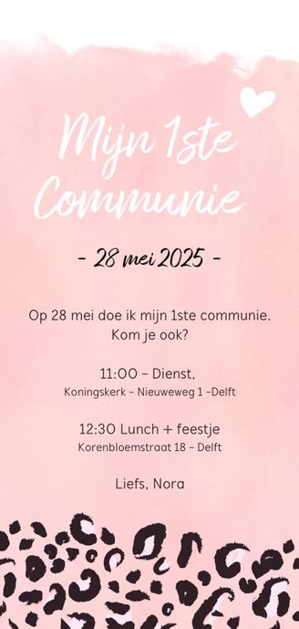 Trendy communiekaart met roze luipaard print en foto Achterkant