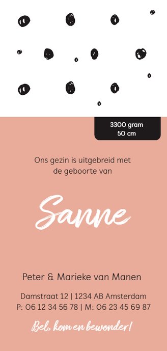 Trendy geboortekaartje zwart wit en roze Achterkant