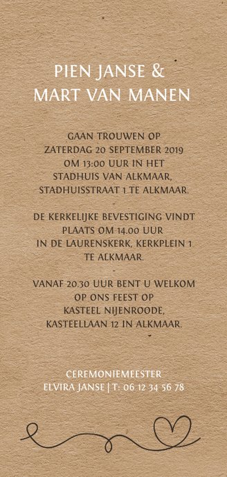 Trendy kraftlook trouwkaart met eigen foto Achterkant