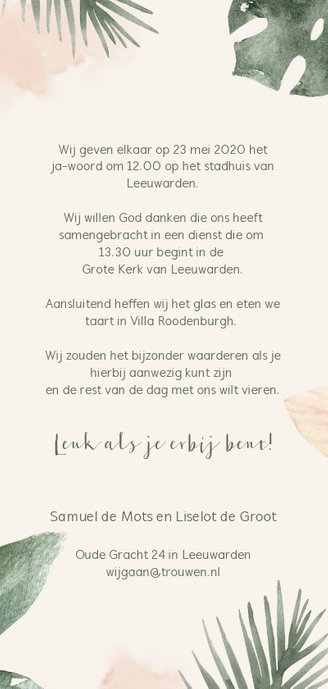 Trendy trouwkaart met roze en groene waterverf bladeren Achterkant