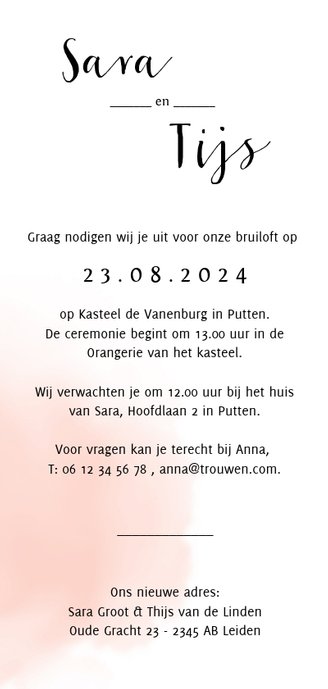 Trendy trouwkaart met roze waterverf en hip lettertype Achterkant