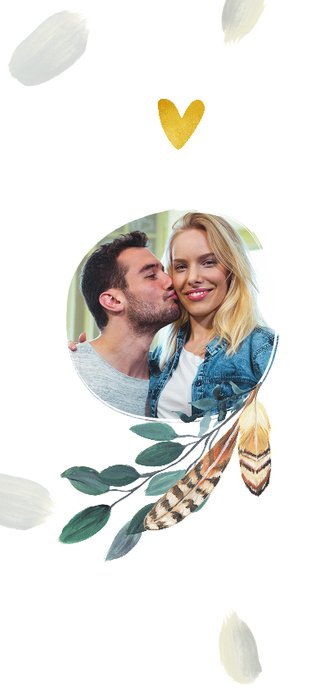 Trouwkaart bohemian romantisch met veren en hartje 2