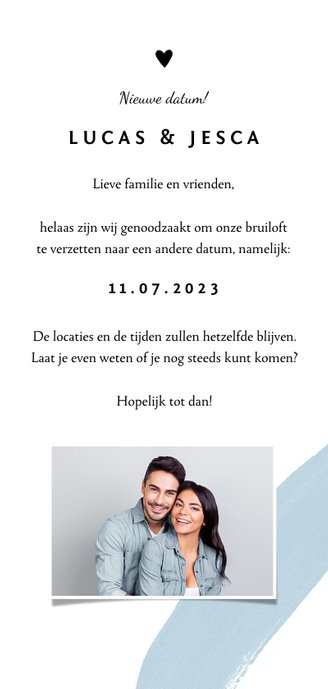 Trouwkaart change the date met verf en kalligrafie Achterkant