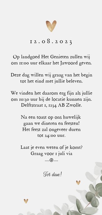 Trouwkaart eucalyptus mr and mrs goud hartjes Achterkant