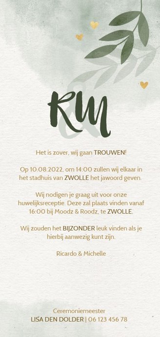 Trouwkaart foto takjes gouden hartjes en waterverf groen 3