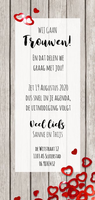 Trouwkaart hartjes confetti Achterkant
