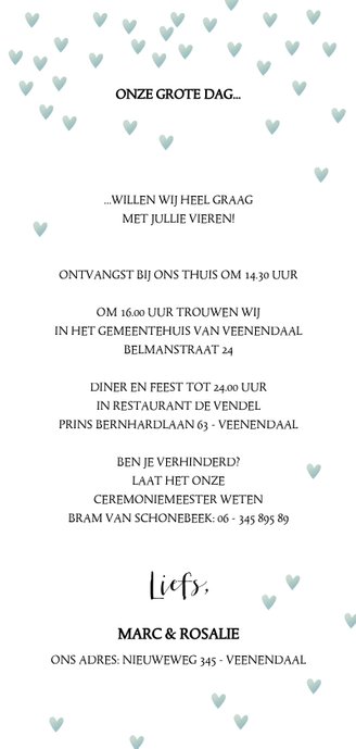 Trouwkaart hoed & kroon met glitters en hartjes Achterkant