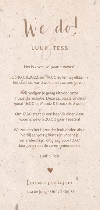 Trouwkaart kraftlook met duiven van bloemen Achterkant
