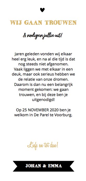 Trouwkaart langwerpig foto hartjes 3