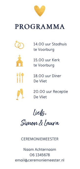 Trouwkaart langwerpig gouden hartjes Achterkant