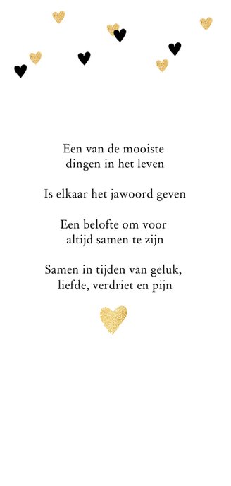 Trouwkaart langwerpig hartjes goud zwartwit 2