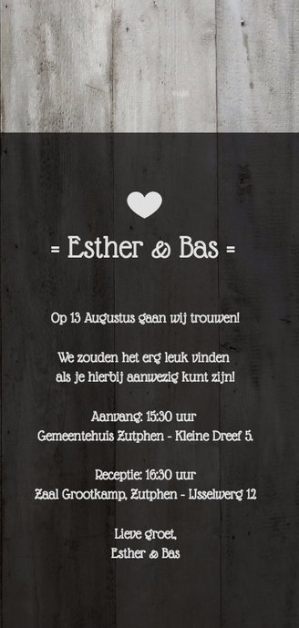 Trouwkaart langwerpig met 2 houten hartjes en trouwdatum 3